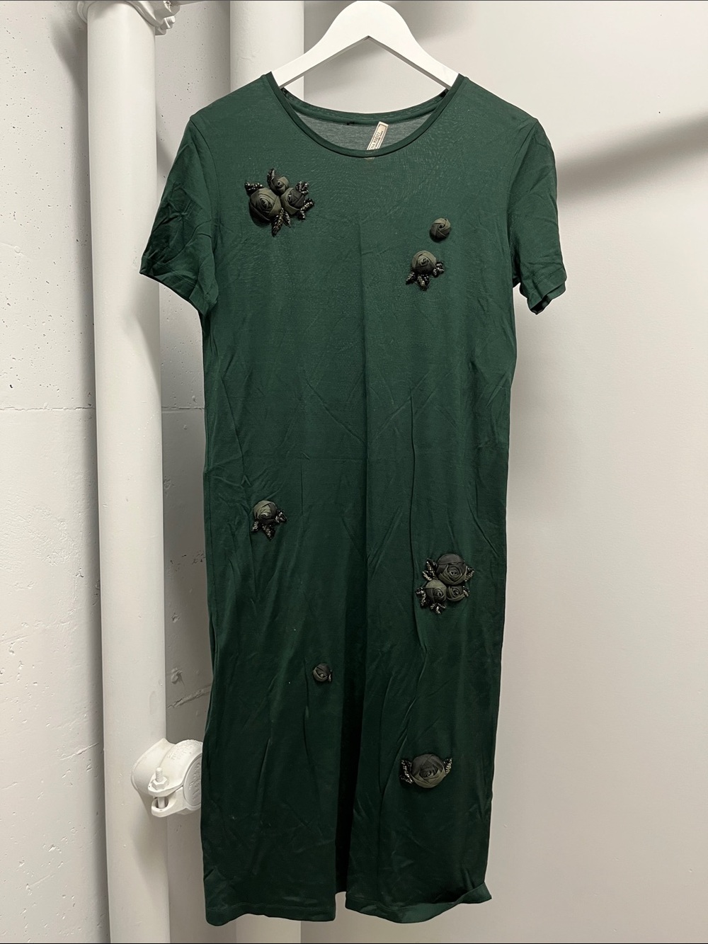 Nina Ricci Dark Green Short Sleeve Embellished Shift Dress
